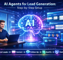 AI agents automating lead generation with CRM dashboards, email outreach, analytics, and startup founder working efficiently in a futuristic office