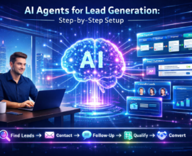AI agents automating lead generation with CRM dashboards, email outreach, analytics, and startup founder working efficiently in a futuristic office