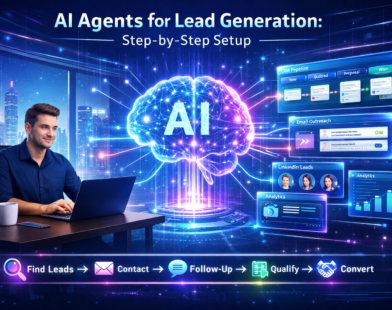 AI agents automating lead generation with CRM dashboards, email outreach, analytics, and startup founder working efficiently in a futuristic office
