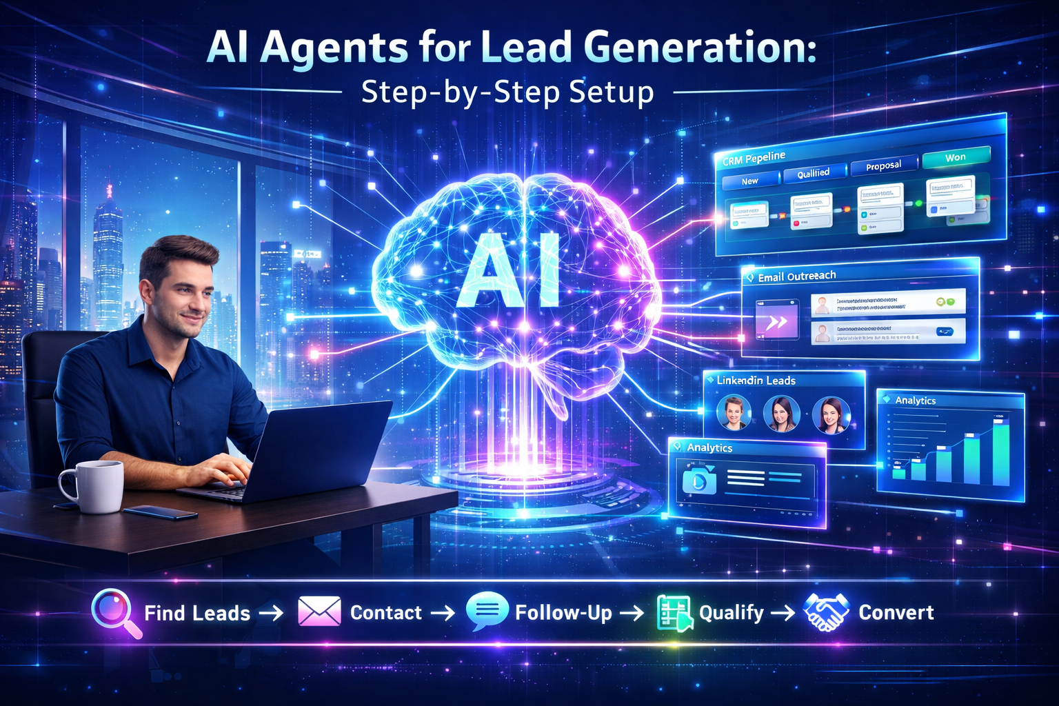 AI agents automating lead generation with CRM dashboards, email outreach, analytics, and startup founder working efficiently in a futuristic office