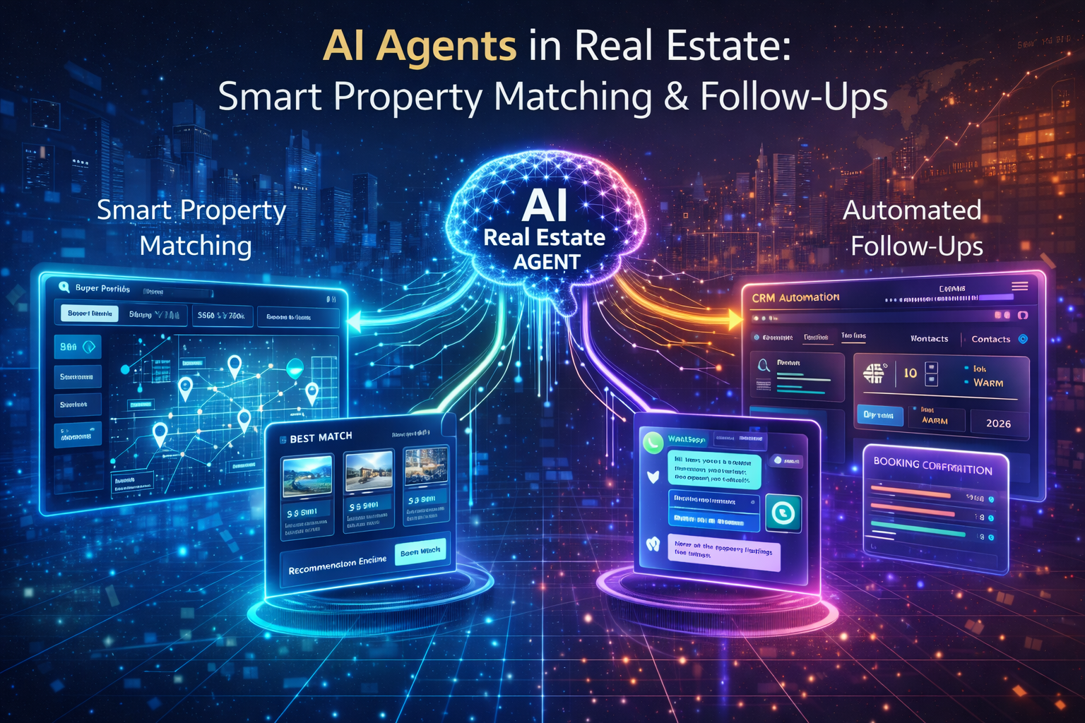 Futuristic infographic showing AI real estate agent matching properties to buyer preferences and automating follow-ups through CRM, WhatsApp, and booking dashboards.