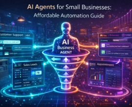 Futuristic AI business agent connected to customer support chat, sales lead dashboard, marketing automation, appointment booking, and inventory management systems in a small business setting.