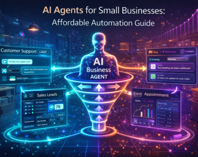 Futuristic AI business agent connected to customer support chat, sales lead dashboard, marketing automation, appointment booking, and inventory management systems in a small business setting.