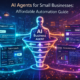 Futuristic AI business agent connected to customer support chat, sales lead dashboard, marketing automation, appointment booking, and inventory management systems in a small business setting.