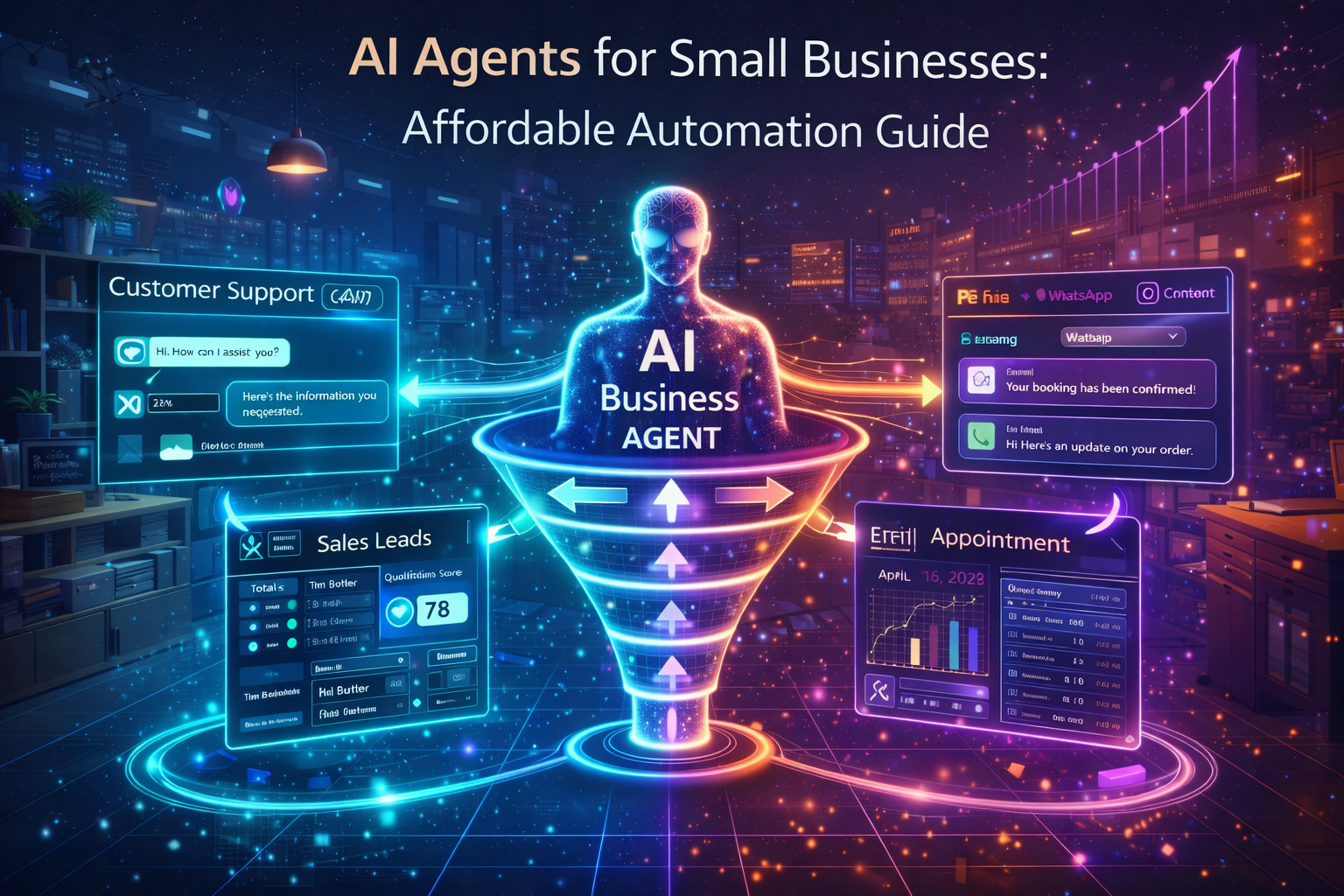 Futuristic AI business agent connected to customer support chat, sales lead dashboard, marketing automation, appointment booking, and inventory management systems in a small business setting.