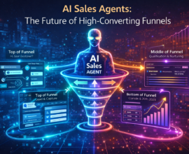 Futuristic AI sales agent hologram managing a digital marketing funnel with lead capture, CRM qualification, automated nurturing, and revenue growth analytics dashboards.