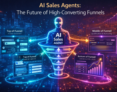 Futuristic AI sales agent hologram managing a digital marketing funnel with lead capture, CRM qualification, automated nurturing, and revenue growth analytics dashboards.