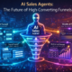 Futuristic AI sales agent hologram managing a digital marketing funnel with lead capture, CRM qualification, automated nurturing, and revenue growth analytics dashboards.