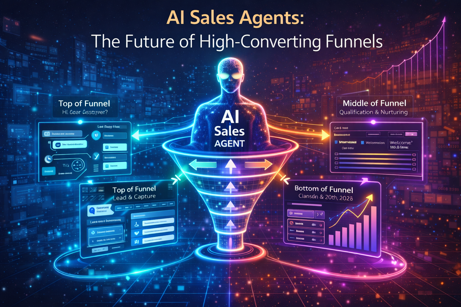 Futuristic AI sales agent hologram managing a digital marketing funnel with lead capture, CRM qualification, automated nurturing, and revenue growth analytics dashboards.