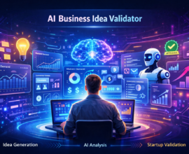 AI business idea validator concept showing an entrepreneur using a laptop while an AI dashboard analyzes market demand, competitor data, and startup growth indicators.
