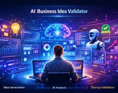 AI business idea validator concept showing an entrepreneur using a laptop while an AI dashboard analyzes market demand, competitor data, and startup growth indicators.