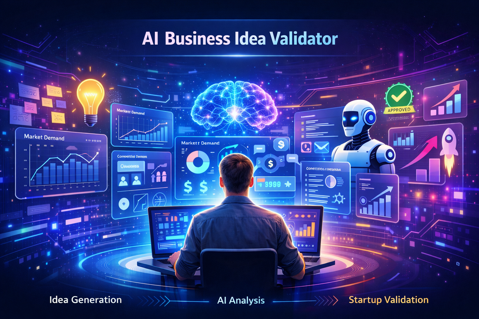 AI business idea validator concept showing an entrepreneur using a laptop while an AI dashboard analyzes market demand, competitor data, and startup growth indicators.