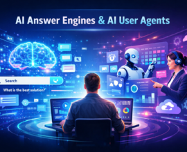 AI answer engines and AI user agents concept showing a human interacting with a laptop, a glowing AI brain generating answers, and robotic AI agents automating tasks in a futuristic digital interface.