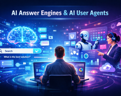 AI answer engines and AI user agents concept showing a human interacting with a laptop, a glowing AI brain generating answers, and robotic AI agents automating tasks in a futuristic digital interface.
