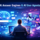 AI answer engines and AI user agents concept showing a human interacting with a laptop, a glowing AI brain generating answers, and robotic AI agents automating tasks in a futuristic digital interface.