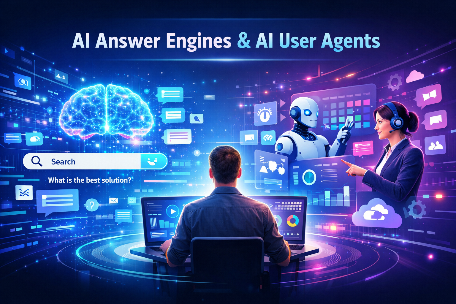 AI answer engines and AI user agents concept showing a human interacting with a laptop, a glowing AI brain generating answers, and robotic AI agents automating tasks in a futuristic digital interface.