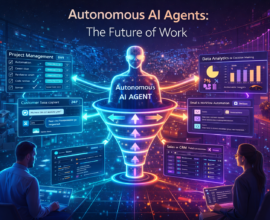 Futuristic autonomous AI agent hologram managing business workflows with dashboards for project management, customer support, data analytics, and CRM automation in a smart workplace.