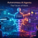 Futuristic autonomous AI agent hologram managing business workflows with dashboards for project management, customer support, data analytics, and CRM automation in a smart workplace.