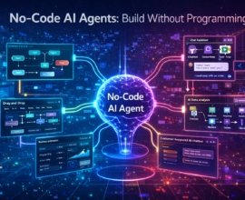 Illustration of no-code AI agent builder with drag-and-drop workflow automation, chatbot interface, and business automation dashboards.