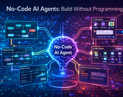 Illustration of no-code AI agent builder with drag-and-drop workflow automation, chatbot interface, and business automation dashboards.