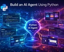 Illustration showing how to build an AI agent using Python with code editor, machine learning workflow, API integration, and chatbot interface.