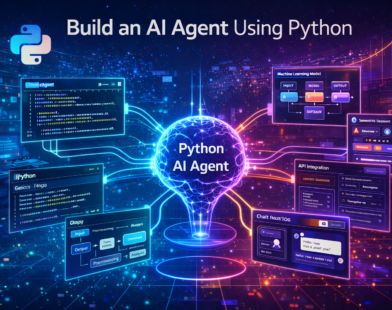 Illustration showing how to build an AI agent using Python with code editor, machine learning workflow, API integration, and chatbot interface.
