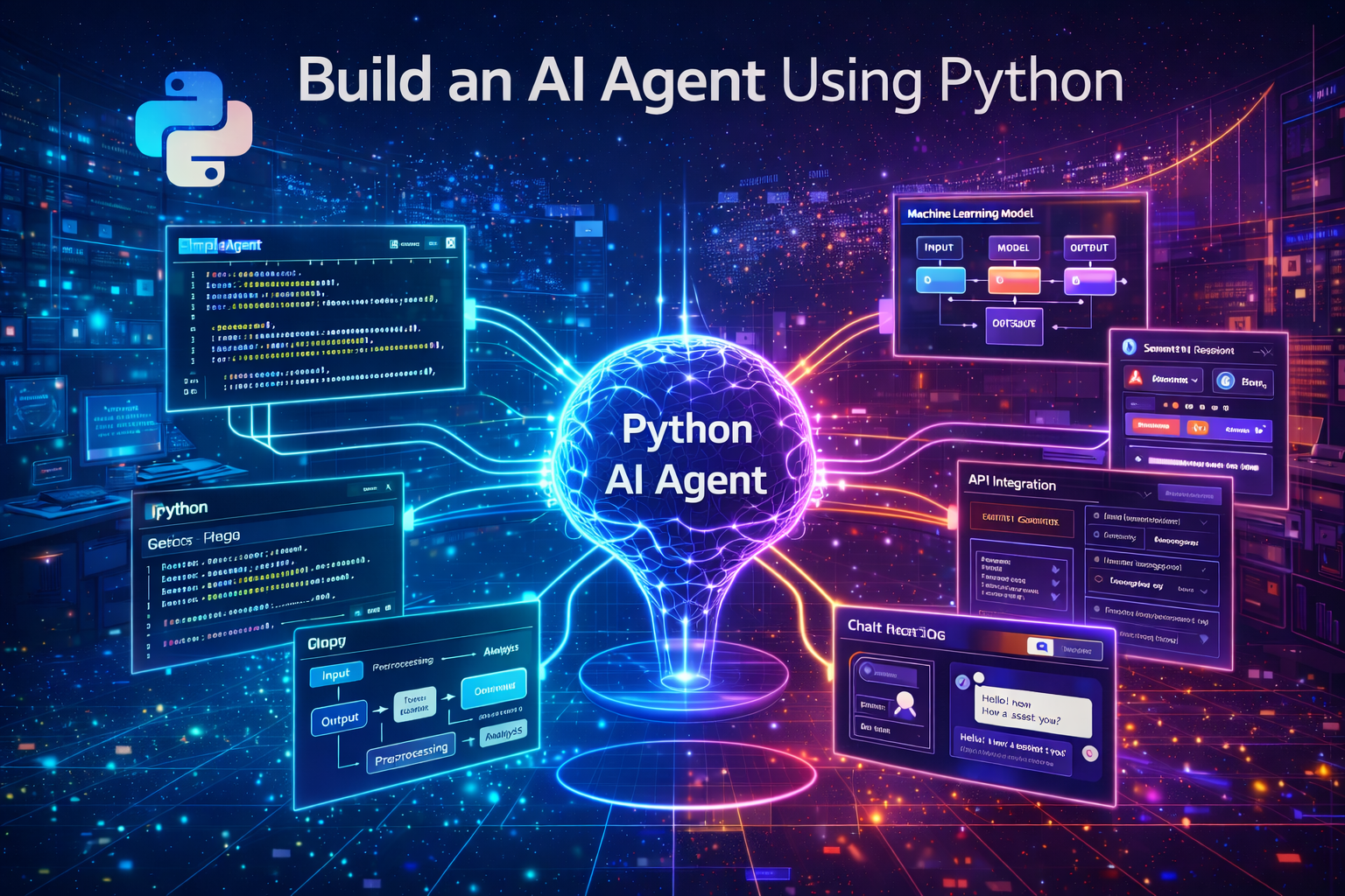 Illustration showing how to build an AI agent using Python with code editor, machine learning workflow, API integration, and chatbot interface.
