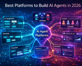 Illustration of AI agent platforms including LangChain, AutoGen, CrewAI, Flowise, AutoGPT, Voiceflow, and Semantic Kernel connected to a central AI development system.