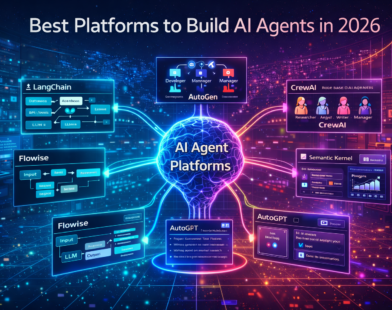Illustration of AI agent platforms including LangChain, AutoGen, CrewAI, Flowise, AutoGPT, Voiceflow, and Semantic Kernel connected to a central AI development system.