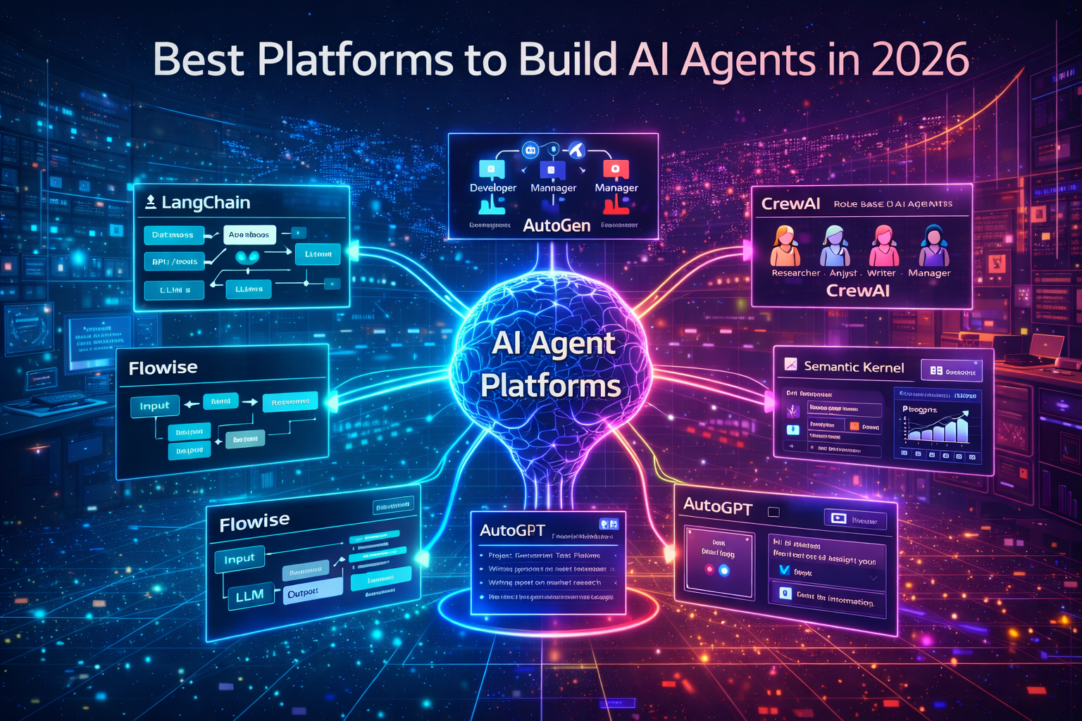 Illustration of AI agent platforms including LangChain, AutoGen, CrewAI, Flowise, AutoGPT, Voiceflow, and Semantic Kernel connected to a central AI development system.