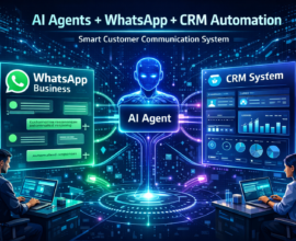 AI agent connecting WhatsApp Business chat with CRM system dashboard to automate customer communication, lead generation, and business workflows.