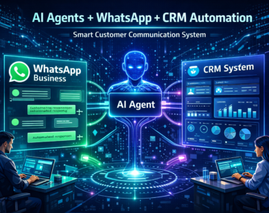 AI agent connecting WhatsApp Business chat with CRM system dashboard to automate customer communication, lead generation, and business workflows.