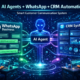 AI agent connecting WhatsApp Business chat with CRM system dashboard to automate customer communication, lead generation, and business workflows.