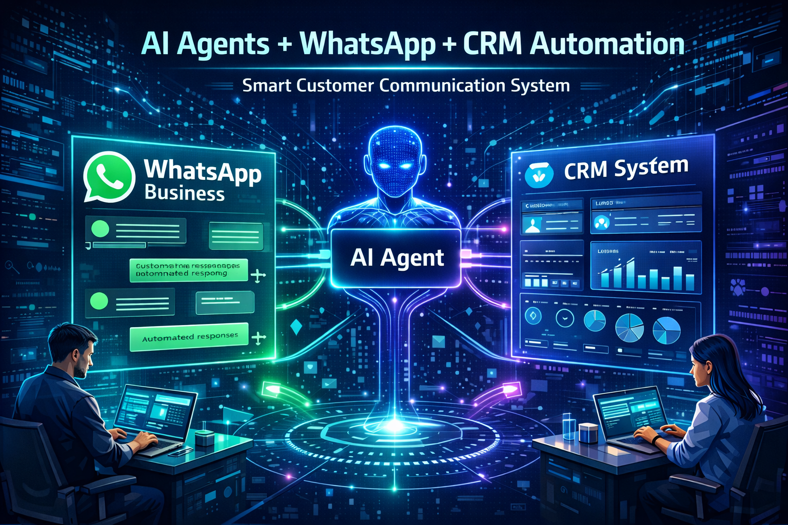 AI agent connecting WhatsApp Business chat with CRM system dashboard to automate customer communication, lead generation, and business workflows.