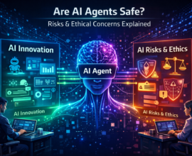 AI agent safety concept showing artificial intelligence brain with cybersecurity shield, privacy warnings, and ethical AI balance representing risks and responsible AI use.