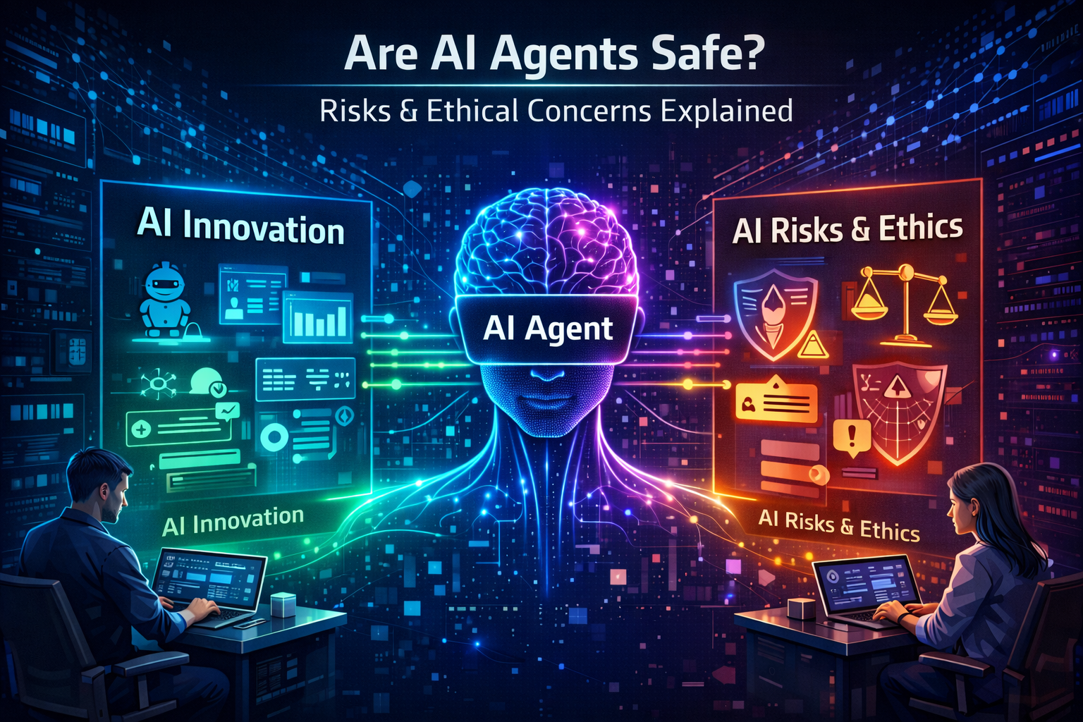 AI agent safety concept showing artificial intelligence brain with cybersecurity shield, privacy warnings, and ethical AI balance representing risks and responsible AI use.