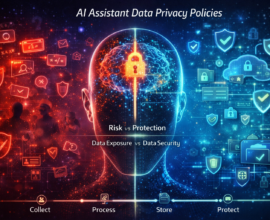 Futuristic illustration of AI assistant data privacy showing a digital human head with a secure lock, split between data exposure risks and protected encrypted systems.