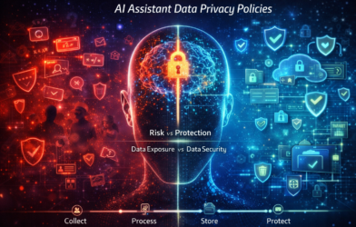 Futuristic illustration of AI assistant data privacy showing a digital human head with a secure lock, split between data exposure risks and protected encrypted systems.