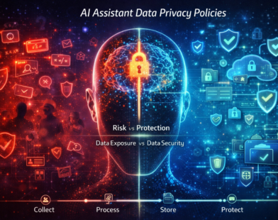 Futuristic illustration of AI assistant data privacy showing a digital human head with a secure lock, split between data exposure risks and protected encrypted systems.