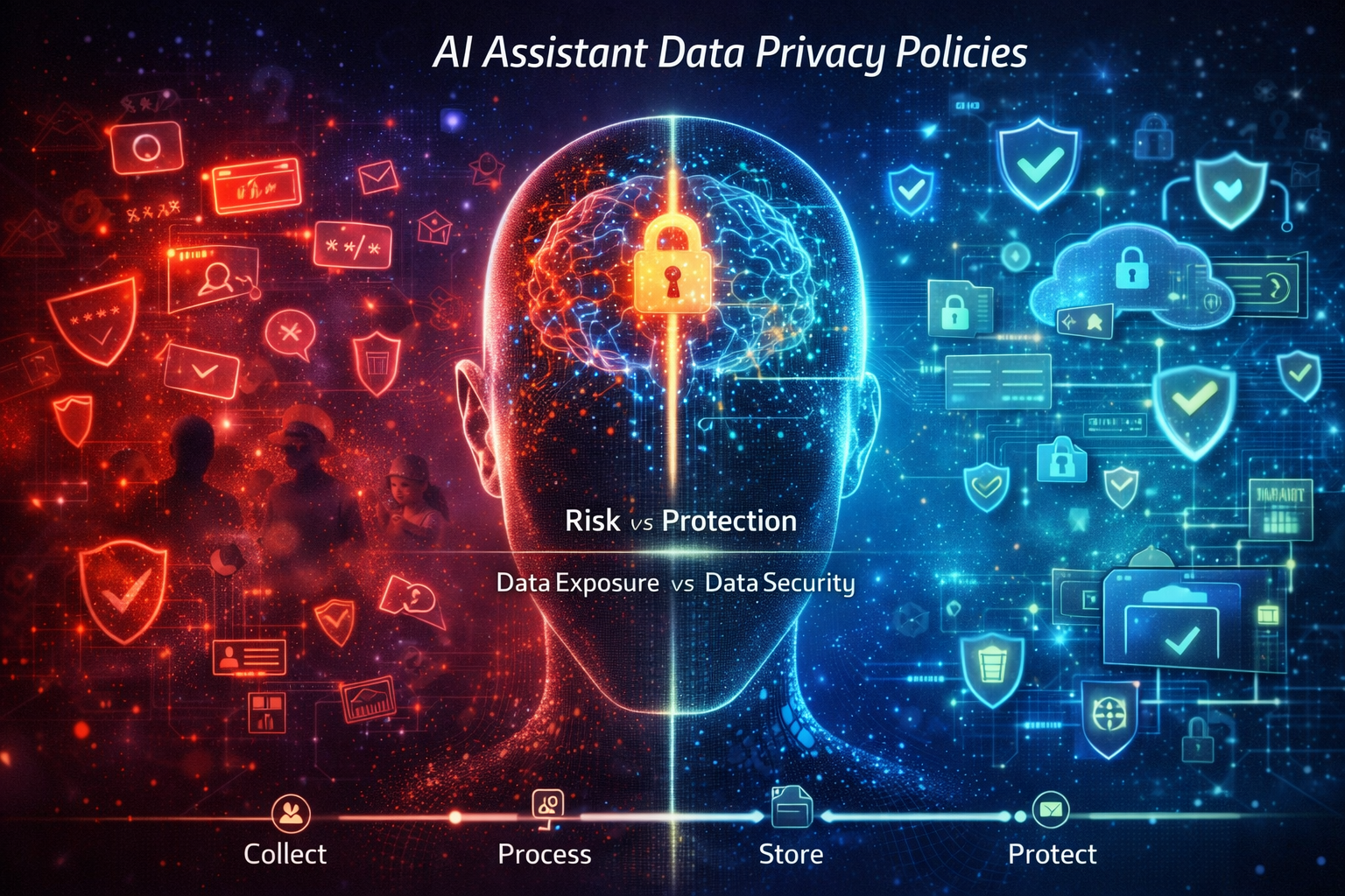 Futuristic illustration of AI assistant data privacy showing a digital human head with a secure lock, split between data exposure risks and protected encrypted systems.