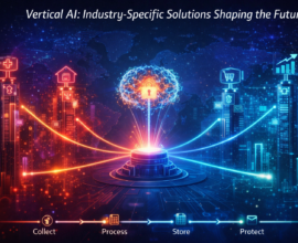 Futuristic illustration of vertical AI showing a central AI brain connected to different industries like healthcare, finance, real estate, and e-commerce with glowing data networks.