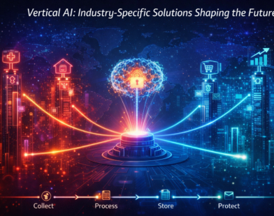Futuristic illustration of vertical AI showing a central AI brain connected to different industries like healthcare, finance, real estate, and e-commerce with glowing data networks.
