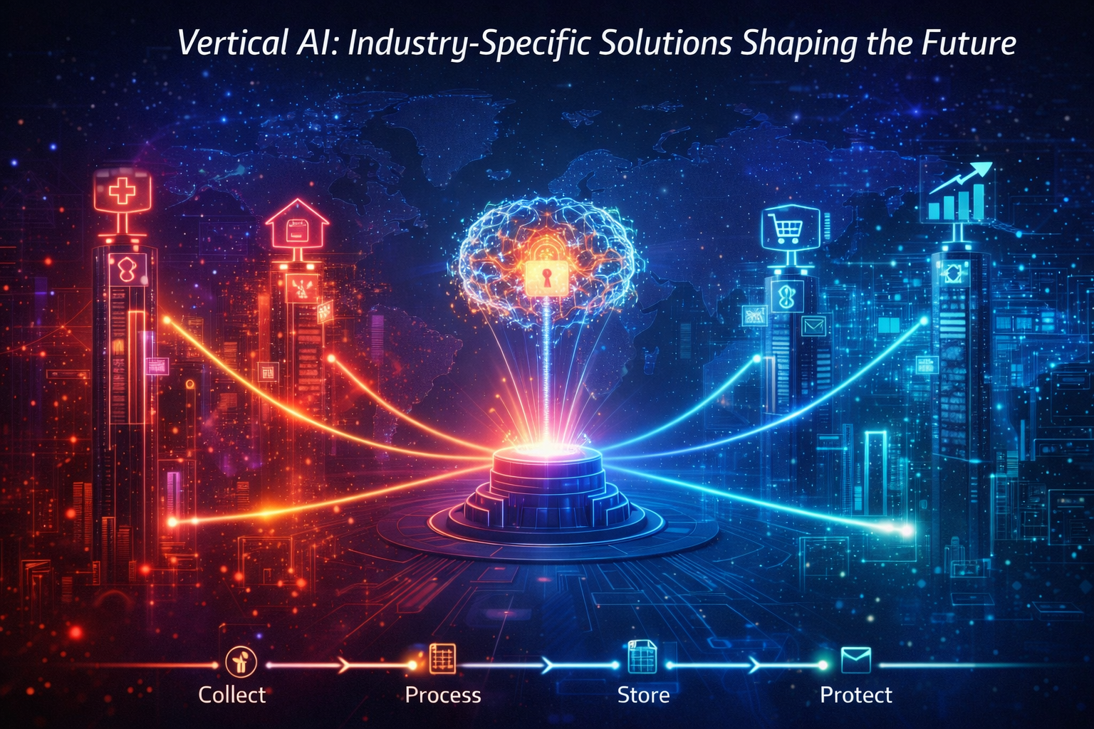 Futuristic illustration of vertical AI showing a central AI brain connected to different industries like healthcare, finance, real estate, and e-commerce with glowing data networks.