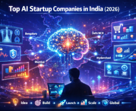 Futuristic illustration of top AI startup companies in India 2026 showing AI brain network, startup ecosystem growth, data connections across major cities like Bengaluru, Delhi NCR, Mumbai, and Hyderabad with industry applications in healthcare, fintech, marketing, and logistics