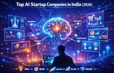 Futuristic illustration of top AI startup companies in India 2026 showing AI brain network, startup ecosystem growth, data connections across major cities like Bengaluru, Delhi NCR, Mumbai, and Hyderabad with industry applications in healthcare, fintech, marketing, and logistics