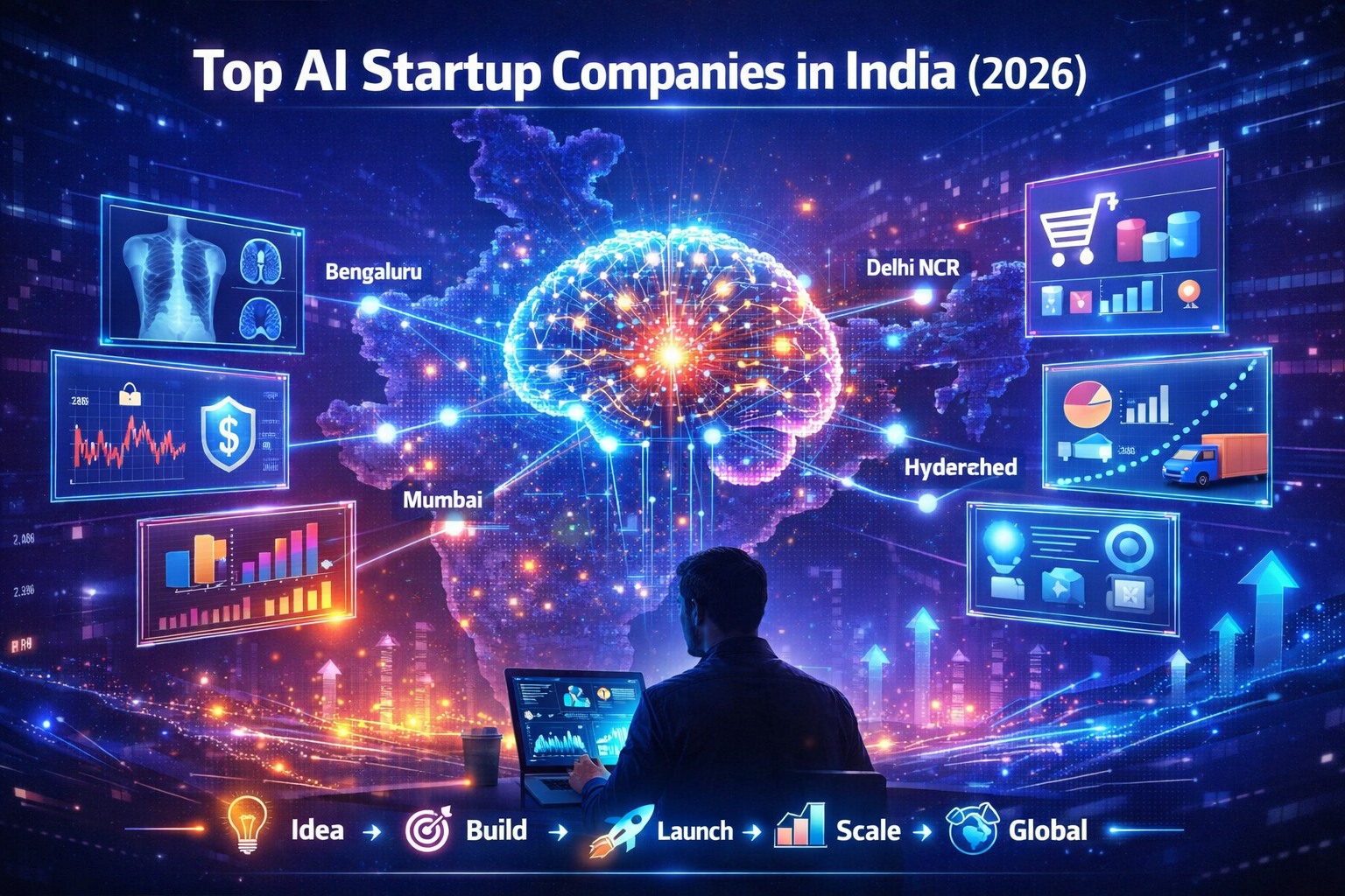 Futuristic illustration of top AI startup companies in India 2026 showing AI brain network, startup ecosystem growth, data connections across major cities like Bengaluru, Delhi NCR, Mumbai, and Hyderabad with industry applications in healthcare, fintech, marketing, and logistics