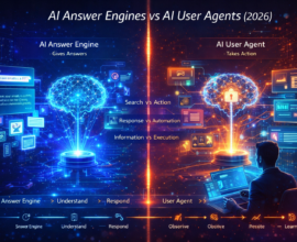 AI answer engines and AI user agents showing an AI system generating answers on one side and an AI agent automating tasks like CRM, email, and scheduling on the other.