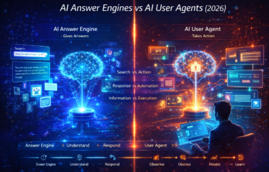 AI answer engines and AI user agents showing an AI system generating answers on one side and an AI agent automating tasks like CRM, email, and scheduling on the other.