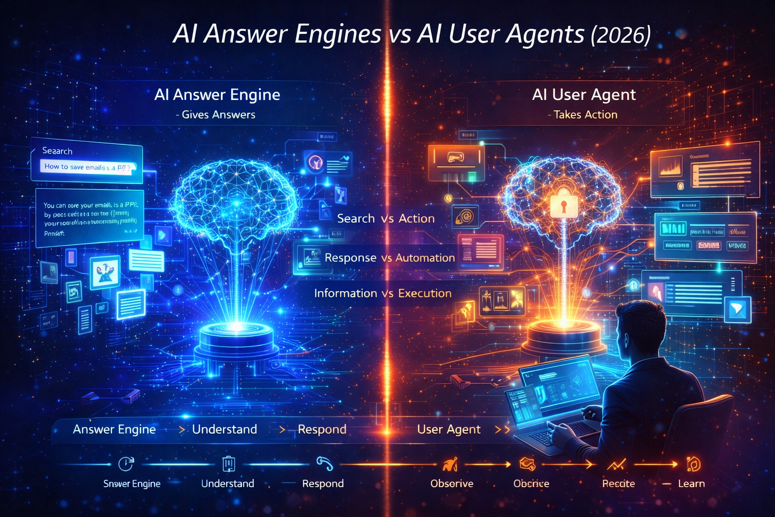 AI answer engines and AI user agents showing an AI system generating answers on one side and an AI agent automating tasks like CRM, email, and scheduling on the other.