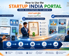 Startup India Portal step-by-step journey illustration showing registration, DPIIT recognition, benefits, funding, and business growth in India